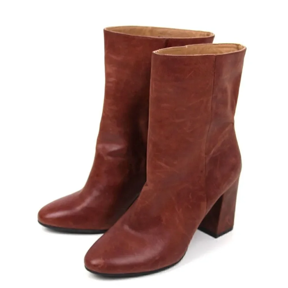 LUCKY BRAND BROWN GENUINE LEATHER MID HEEL ROUND TOE ANKLE BOOTS SHOES Sz 6.5M